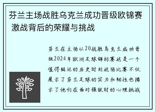芬兰主场战胜乌克兰成功晋级欧锦赛 激战背后的荣耀与挑战