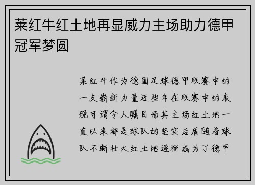 莱红牛红土地再显威力主场助力德甲冠军梦圆