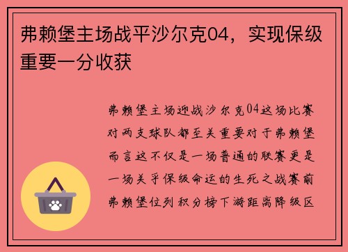 弗赖堡主场战平沙尔克04，实现保级重要一分收获