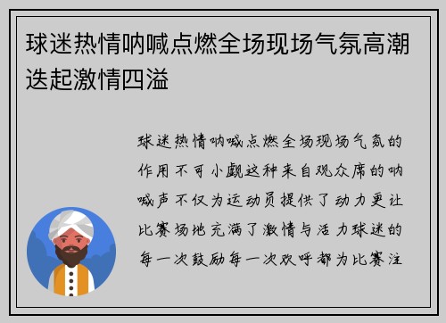 球迷热情呐喊点燃全场现场气氛高潮迭起激情四溢