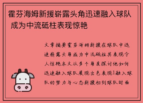 霍芬海姆新援崭露头角迅速融入球队 成为中流砥柱表现惊艳