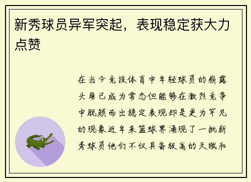 新秀球员异军突起，表现稳定获大力点赞