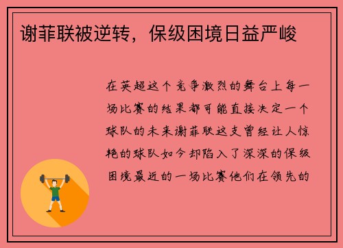 谢菲联被逆转，保级困境日益严峻