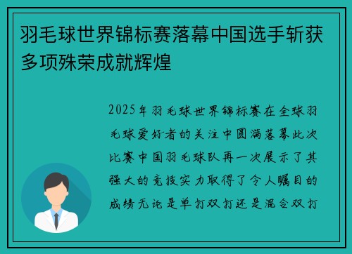 羽毛球世界锦标赛落幕中国选手斩获多项殊荣成就辉煌