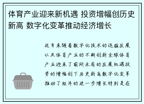 体育产业迎来新机遇 投资增幅创历史新高 数字化变革推动经济增长